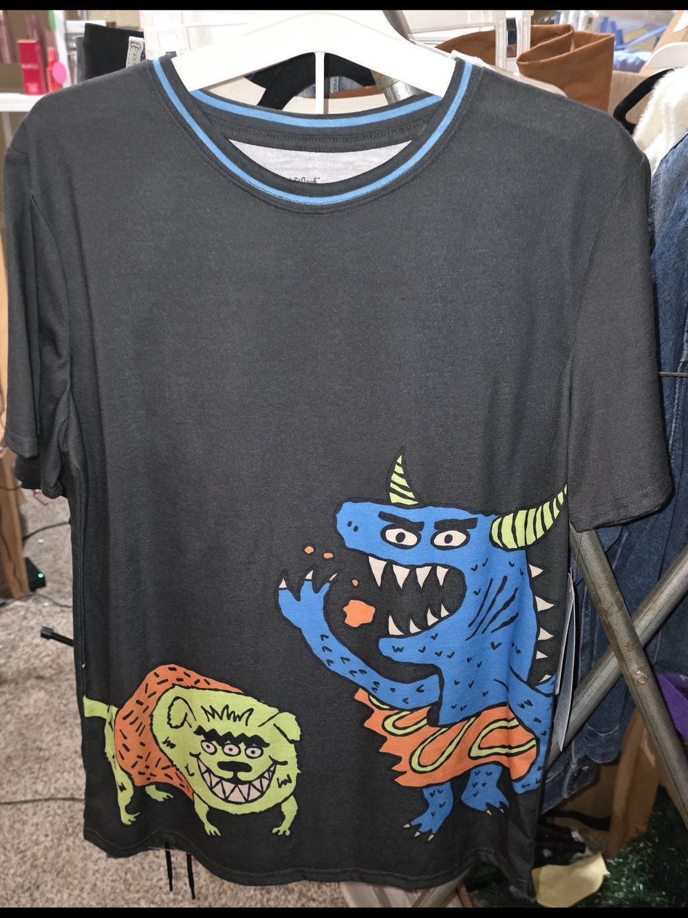 Kids Black Monster Graphic Pajama Top with Blue & Green Artwork